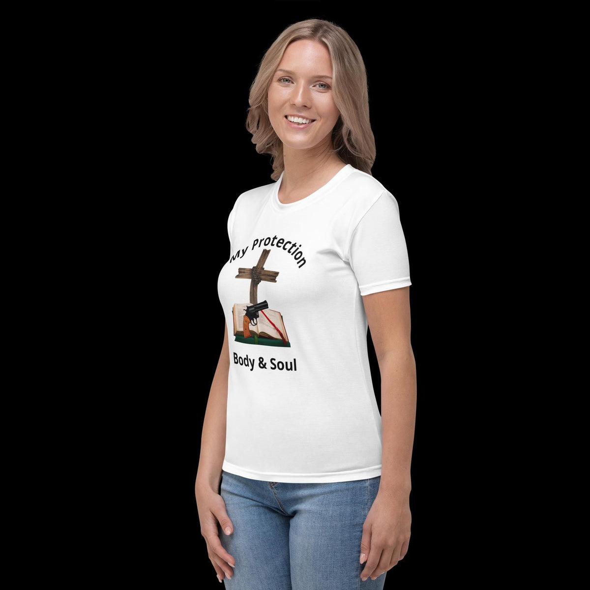 "My Protection, Body & Soul" Women's T-Shirt – Cross, Bible & Handgun