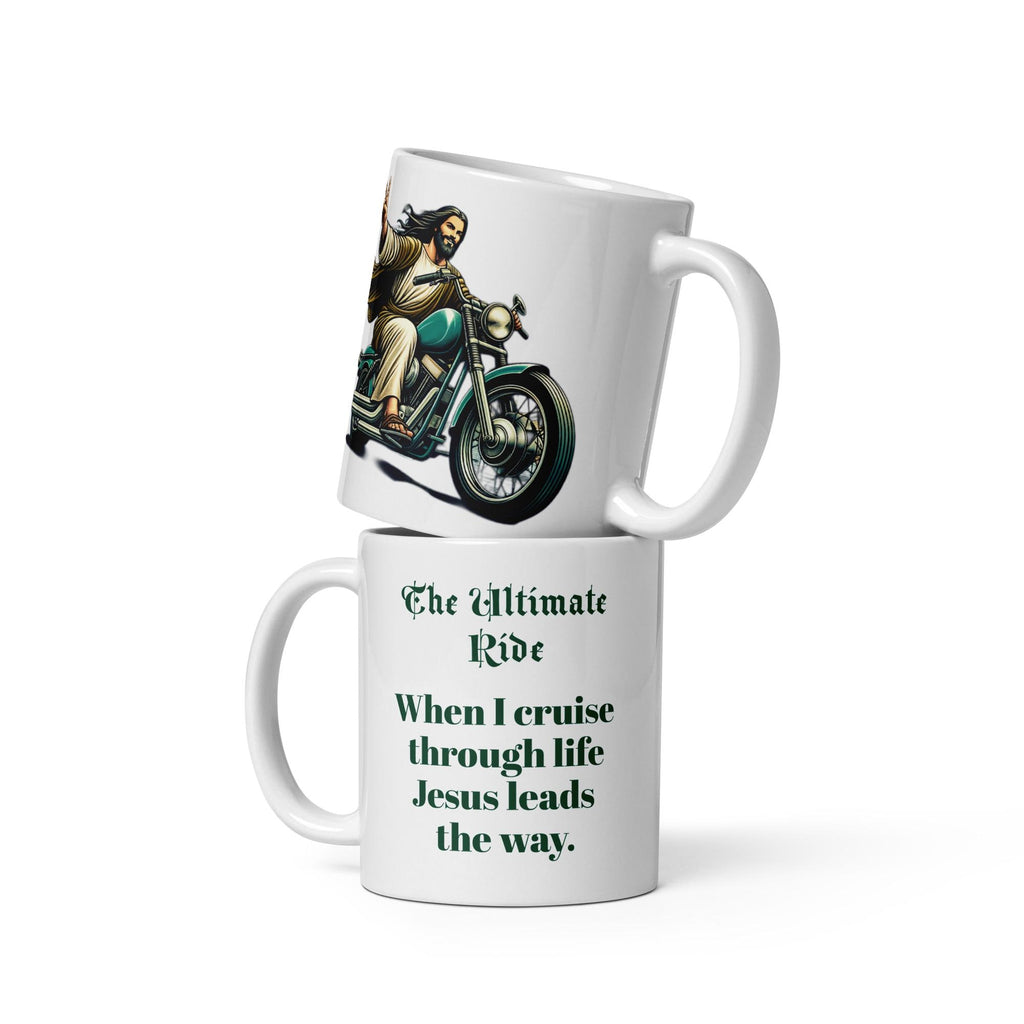 "The Ultimate Ride" Jesus Riding Motorcycle White Glossy Mug – 11 oz | Christian Biker Gift