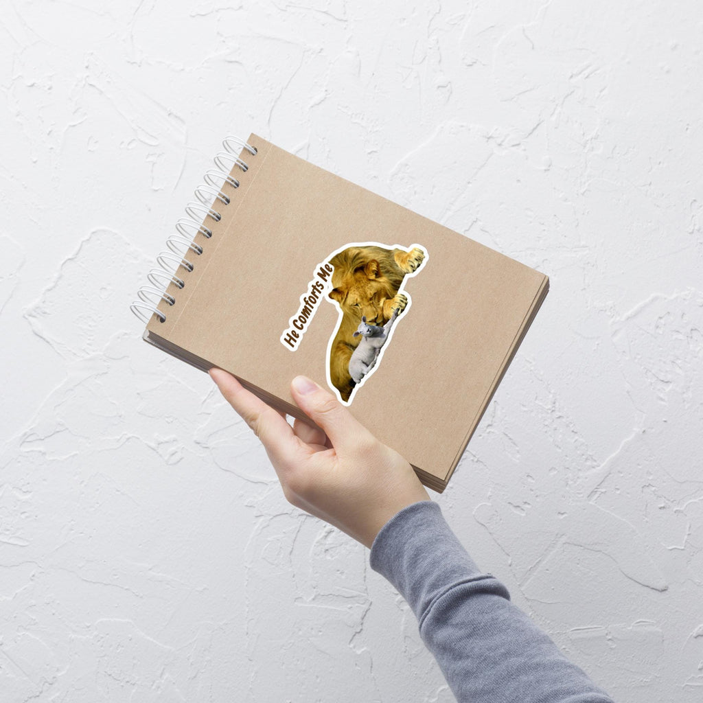 "He Comforts Me" Lion & Lamb Sticker – 5×5" | Christian Faith Sticker