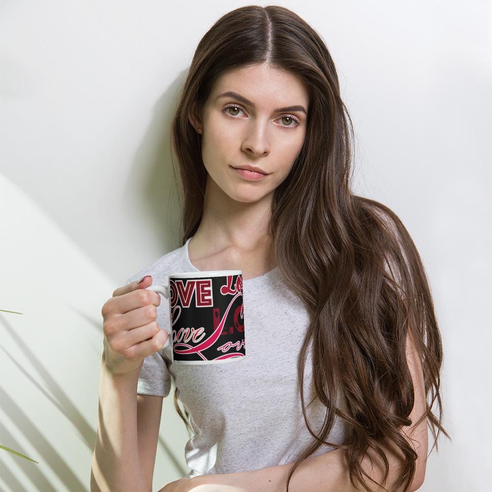 All-Over Love Words White Glossy Mug – 11 oz | Gift for Love Lovers
