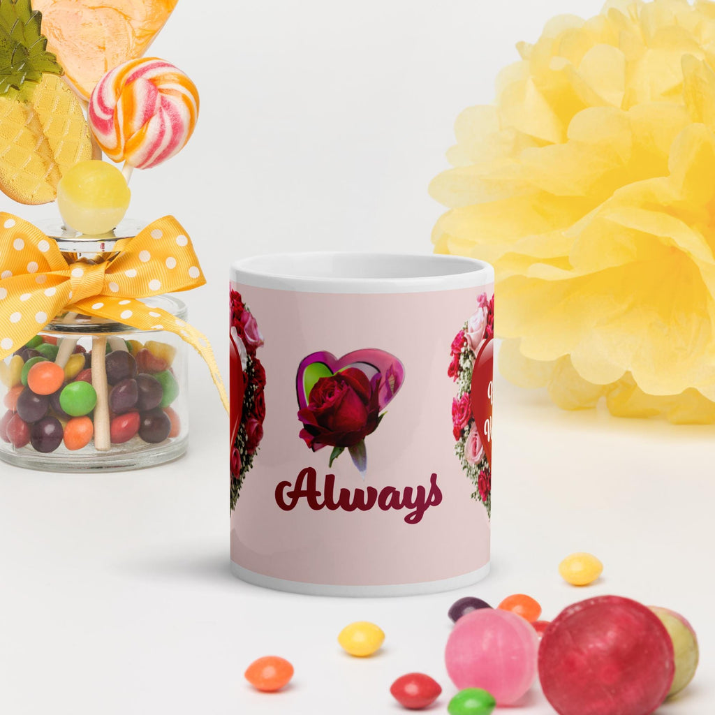 Heart & Roses Glossy Mug – 11 oz | Valentine's Day Gift for Her or Him